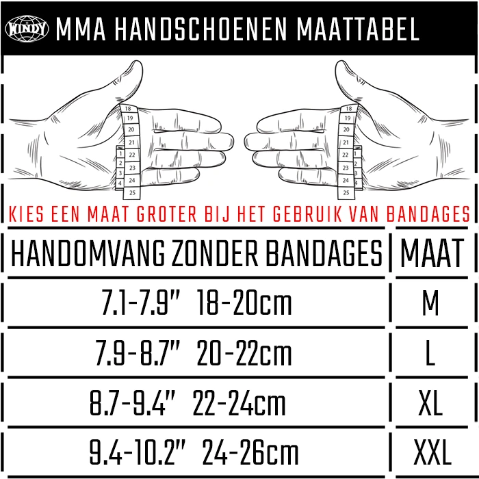 Windy MMA handschoenen Maattabel