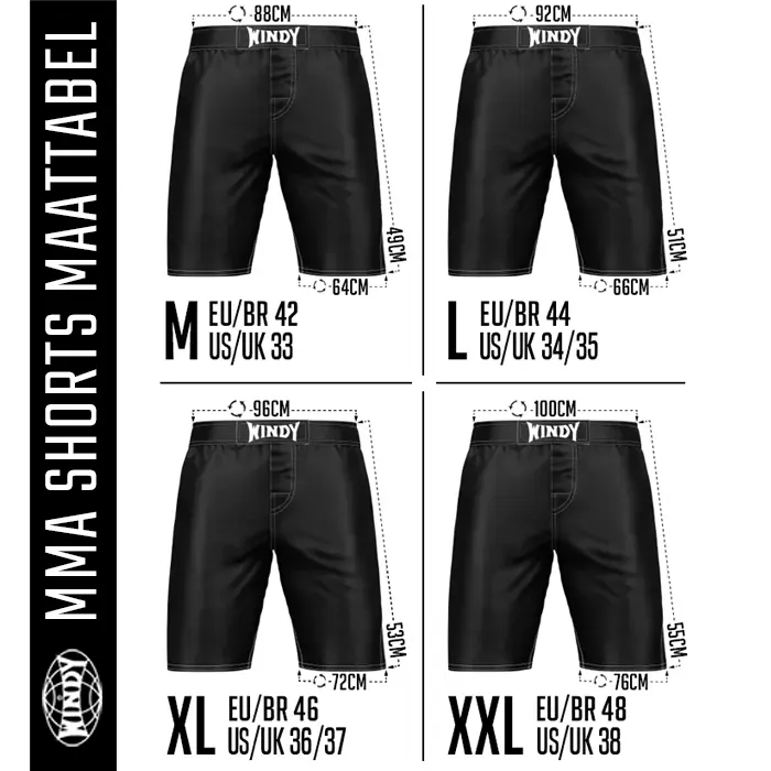 MMA shorts maattabel