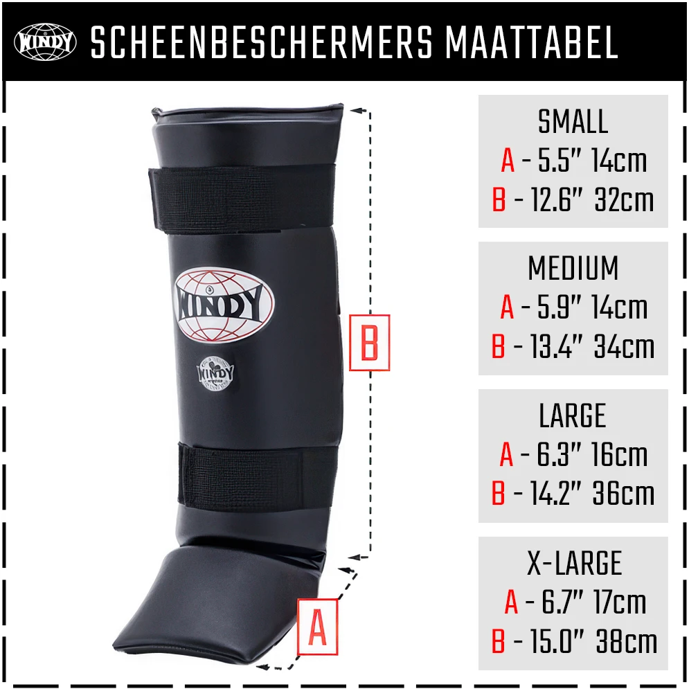 Windy Kickboks Scheenbeschermers Maattabel