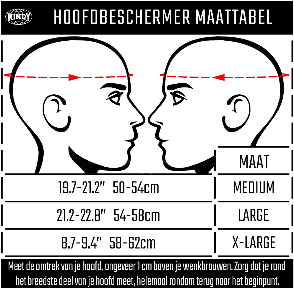 Windy hoofdbeschermer maattabel